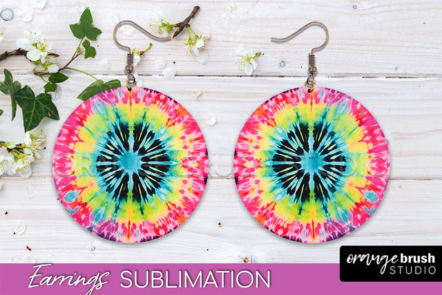 Neon Tie Dye Earrings - Rainbow Round Earring Sublimation Sublimation OrangeBrushStudio 