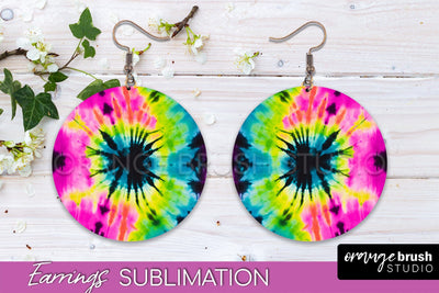 Neon Tie Dye Earrings - Rainbow Round Earring Sublimation Sublimation OrangeBrushStudio 