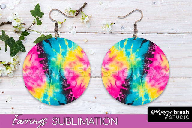 Neon Tie Dye Earrings - Rainbow Round Earring Sublimation Sublimation OrangeBrushStudio 