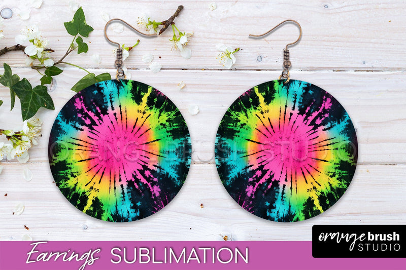 Neon Tie Dye Earrings - Rainbow Round Earring Sublimation Sublimation OrangeBrushStudio 