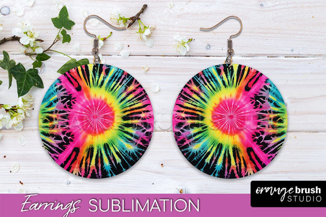Neon Tie Dye Earrings - Rainbow Round Earring Sublimation Sublimation OrangeBrushStudio 