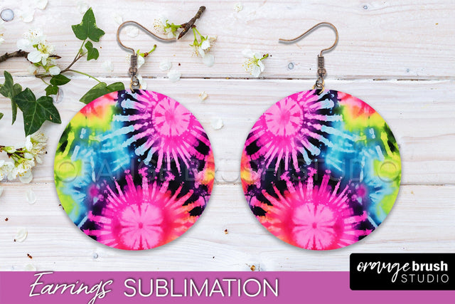 Neon Tie Dye Earrings - Rainbow Round Earring Sublimation Sublimation OrangeBrushStudio 