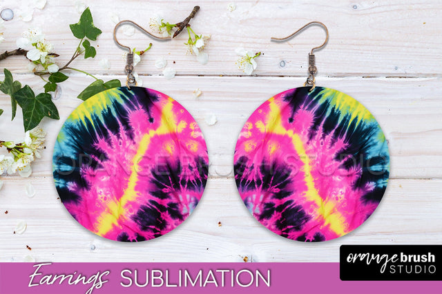 Neon Tie Dye Earrings - Rainbow Round Earring Sublimation Sublimation OrangeBrushStudio 