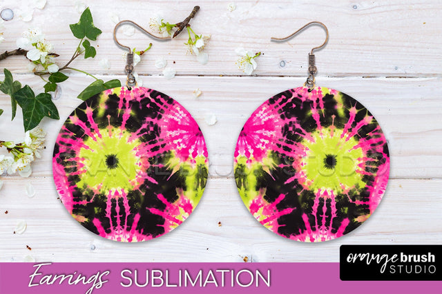 Neon Tie Dye Earrings - Rainbow Round Earring Sublimation Sublimation OrangeBrushStudio 