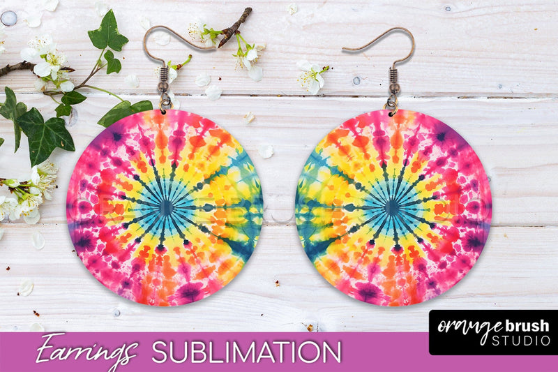 Neon Tie Dye Earrings - Rainbow Round Earring Sublimation Sublimation OrangeBrushStudio 