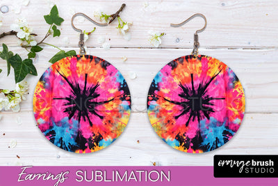 Neon Tie Dye Earrings - Rainbow Round Earring Sublimation Sublimation OrangeBrushStudio 