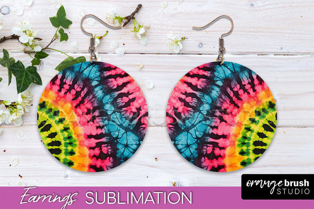 Neon Tie Dye Earrings - Rainbow Round Earring Sublimation Sublimation OrangeBrushStudio 