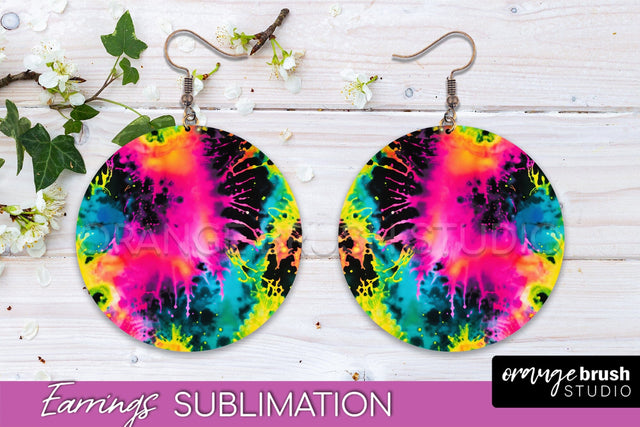 Neon Tie Dye Earrings - Rainbow Round Earring Sublimation Sublimation OrangeBrushStudio 