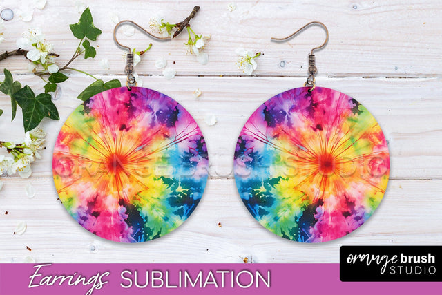 Neon Tie Dye Earrings - Rainbow Round Earring Sublimation Sublimation OrangeBrushStudio 