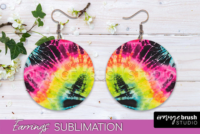 Neon Tie Dye Earrings - Rainbow Round Earring Sublimation Sublimation OrangeBrushStudio 
