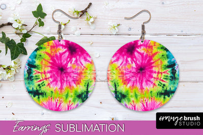 Neon Tie Dye Earrings - Rainbow Round Earring Sublimation Sublimation OrangeBrushStudio 
