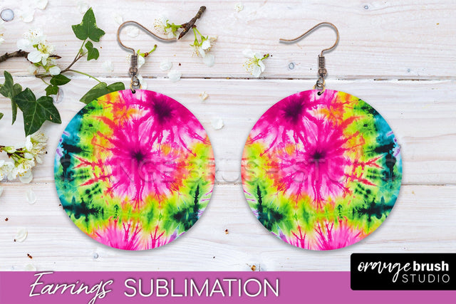 Neon Tie Dye Earrings - Rainbow Round Earring Sublimation Sublimation OrangeBrushStudio 