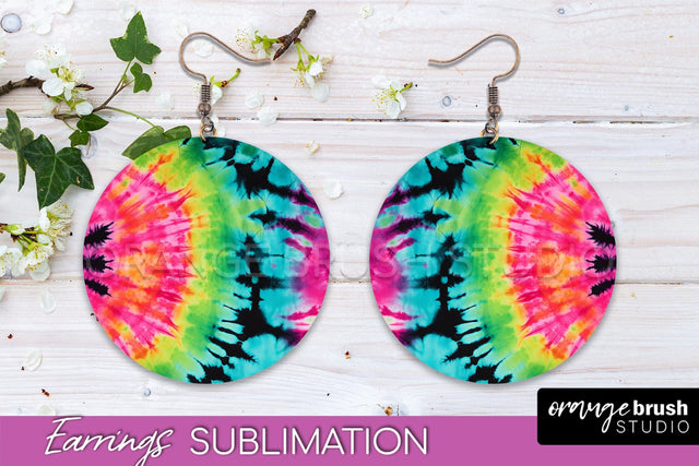 Neon Tie Dye Earrings - Rainbow Round Earring Sublimation Sublimation OrangeBrushStudio 