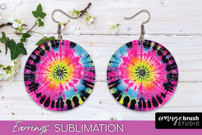 Neon Tie Dye Earrings - Rainbow Round Earring Sublimation Sublimation OrangeBrushStudio 