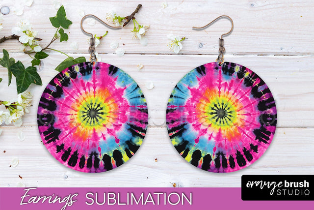 Neon Tie Dye Earrings - Rainbow Round Earring Sublimation Sublimation OrangeBrushStudio 