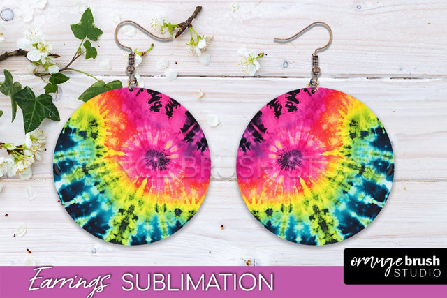 Neon Tie Dye Earrings - Rainbow Round Earring Sublimation Sublimation OrangeBrushStudio 