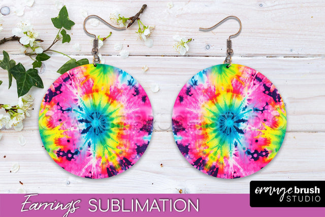 Neon Tie Dye Earrings - Rainbow Round Earring Sublimation Sublimation OrangeBrushStudio 