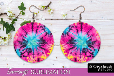 Neon Tie Dye Earrings - Rainbow Round Earring Sublimation Sublimation OrangeBrushStudio 