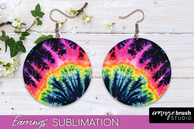 Neon Tie Dye Earrings - Rainbow Round Earring Sublimation Sublimation OrangeBrushStudio 