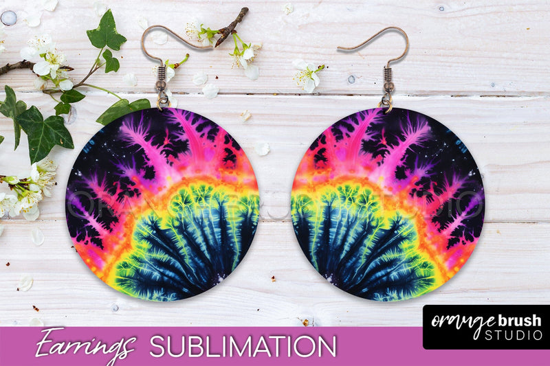 Neon Tie Dye Earrings - Rainbow Round Earring Sublimation Sublimation OrangeBrushStudio 