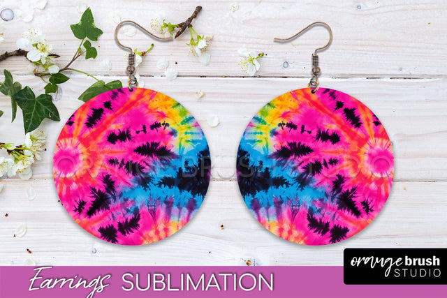 Neon Tie Dye Earrings - Rainbow Round Earring Sublimation Sublimation OrangeBrushStudio 