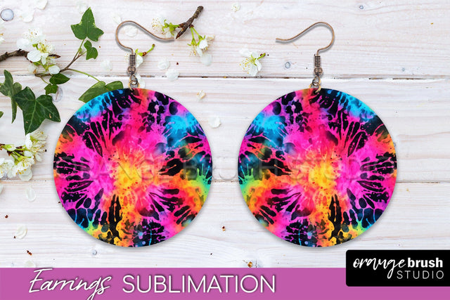 Neon Tie Dye Earrings - Rainbow Round Earring Sublimation Sublimation OrangeBrushStudio 