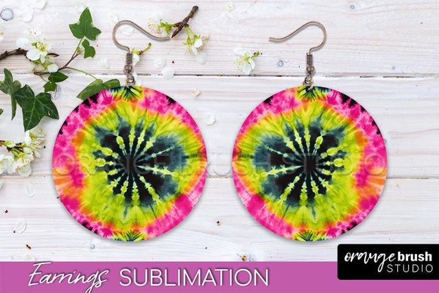 Neon Tie Dye Earrings - Rainbow Round Earring Sublimation Sublimation OrangeBrushStudio 