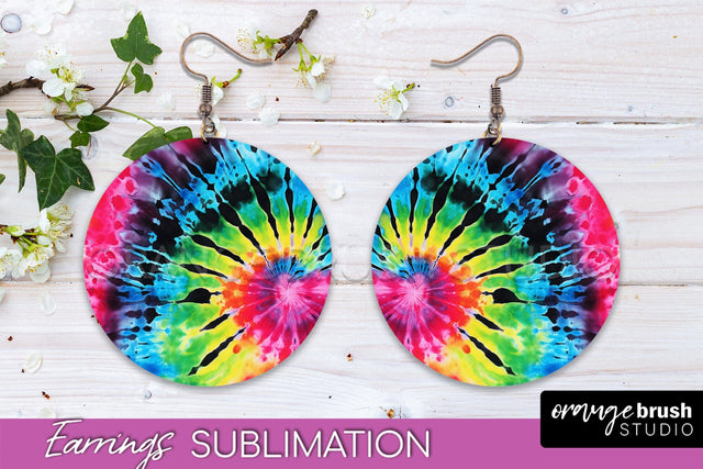 Neon Tie Dye Earrings - Rainbow Round Earring Sublimation Sublimation OrangeBrushStudio 