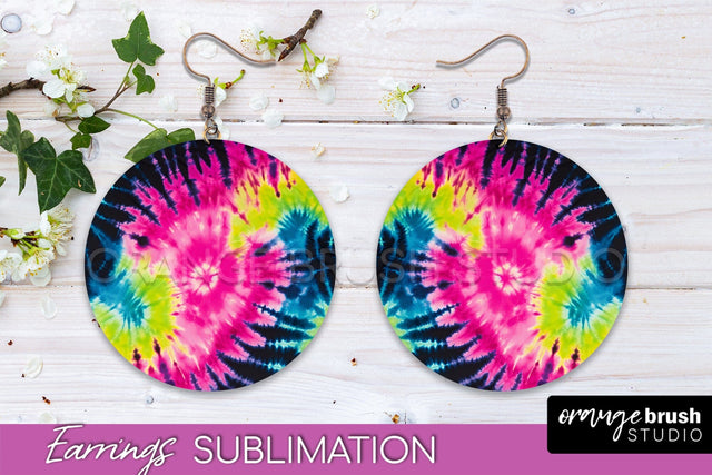 Neon Tie Dye Earrings - Rainbow Round Earring Sublimation Sublimation OrangeBrushStudio 