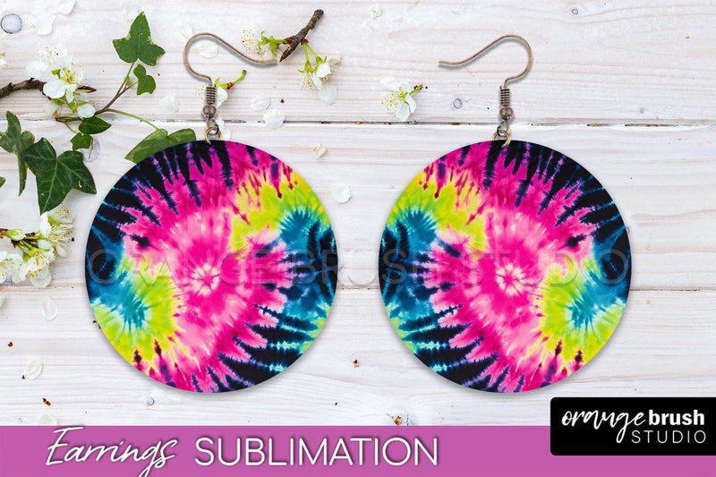 Neon Tie Dye Earrings - Rainbow Round Earring Sublimation Sublimation OrangeBrushStudio 
