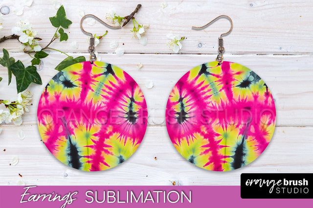 Neon Tie Dye Earrings - Rainbow Round Earring Sublimation Sublimation OrangeBrushStudio 