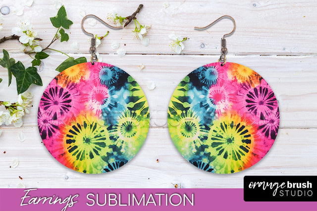 Neon Tie Dye Earrings - Rainbow Round Earring Sublimation Sublimation OrangeBrushStudio 