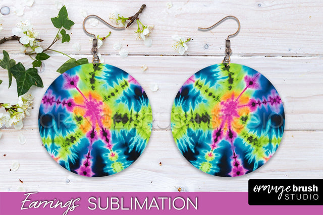 Neon Tie Dye Earrings - Rainbow Round Earring Sublimation Sublimation OrangeBrushStudio 