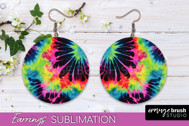Neon Tie Dye Earrings - Rainbow Round Earring Sublimation Sublimation OrangeBrushStudio 