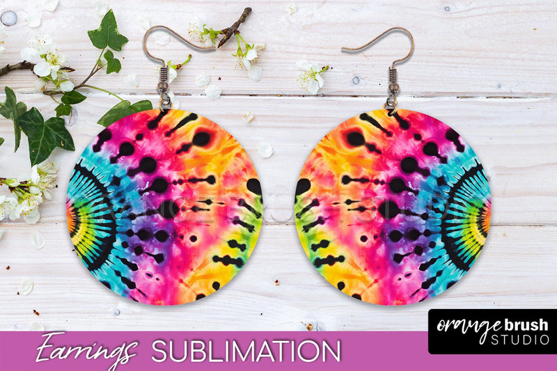 Neon Tie Dye Earrings - Rainbow Round Earring Sublimation Sublimation OrangeBrushStudio 