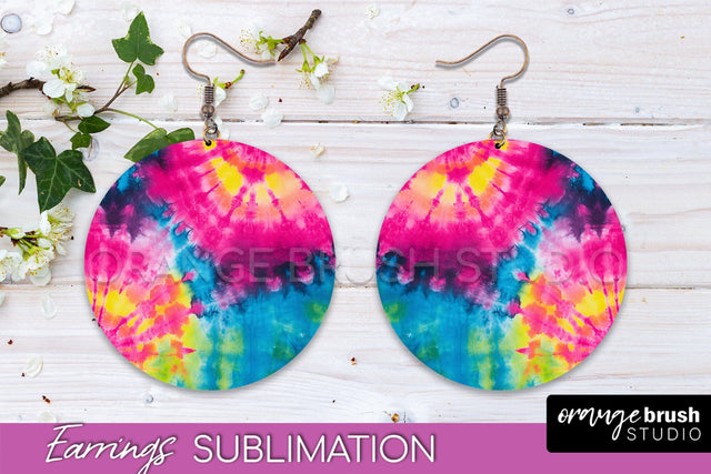 Neon Tie Dye Earrings - Rainbow Round Earring Sublimation Sublimation OrangeBrushStudio 