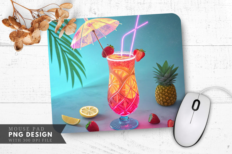 Neon Tiki Drink with Glowing Umbrella and Fruit Accents Mouse Pad Design Sublimation Regulrcrative 