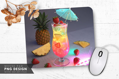Neon Tiki Drink with Glowing Umbrella and Fruit Accents Mouse Pad Sublimation Regulrcrative 