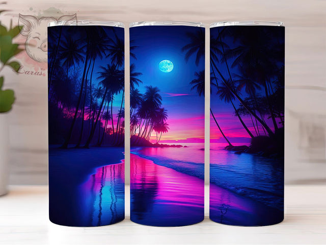 Neon Tropical Beach Tumbler, Night Beach Landscape, Glowing Ocean Scene, 20Oz Sublimation Wrap, Neon Tropical Night, Bright Beach Art, Tumbler Sublimation Sublimation Lara' s Designs 