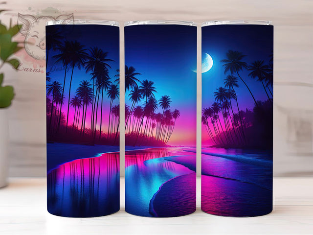 Neon Tropical Beach Tumbler, Night Beach Landscape, Glowing Ocean Scene, 20Oz Sublimation Wrap, Neon Tropical Night, Bright Beach Art, Tumbler Sublimation Sublimation Lara' s Designs 