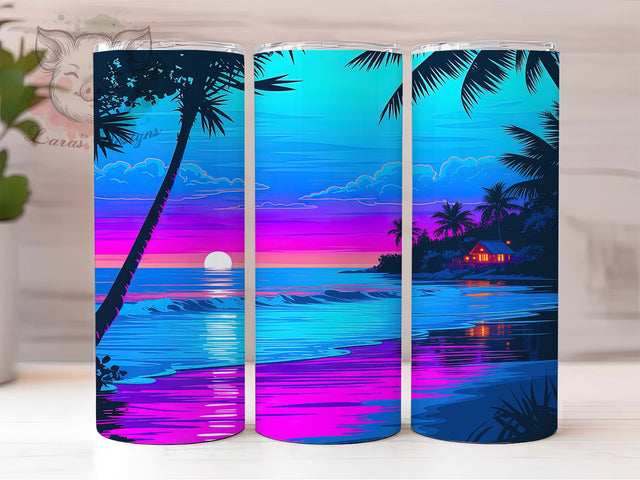 Neon Tropical Beach Tumbler, Night Beach Landscape, Glowing Ocean Scene, 20Oz Sublimation Wrap, Neon Tropical Night, Bright Beach Art, Tumbler Sublimation Sublimation Lara' s Designs 