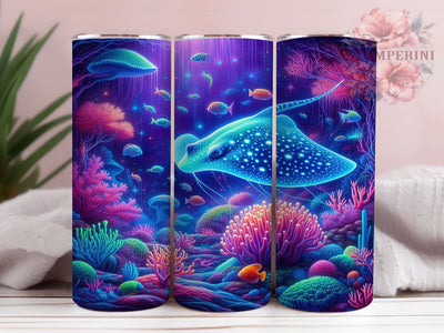 Neon Tropical Stingray Tumbler, Sea Life Wrap, Ocean Coral Cup, Artistic Sublimation Design, Tropical Gift Tumbler, Sweet Stingray Wrap, Adorable Ocean Cup Sublimation Li Zamperini 