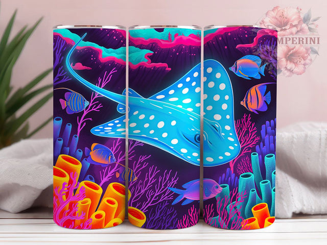 Neon Tropical Stingray Tumbler, Sea Life Wrap, Ocean Coral Cup, Artistic Sublimation Design, Tropical Gift Tumbler, Sweet Stingray Wrap, Adorable Ocean Cup Sublimation Li Zamperini 