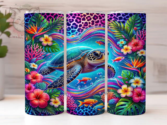 Neon Turtle Floral Reef 20oz Tumbler, Neon Turtle, Turtle Floral, Floral Reef, Turtle Tumbler, 20oz Tumbler, Neon Tumbler, Tumbler Wrap Sublimation Lara' s Designs 