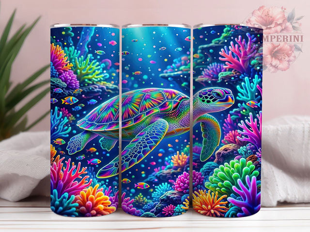 Neon Underwater Sea Turtle 20oz Tumbler, Neon Turtle Motif, Underwater Ocean Design, Tropical Theme, Vibrant Accent, Mystical Charm, Sublimation Wrap, 20oz Tumbler Sublimation Li Zamperini 