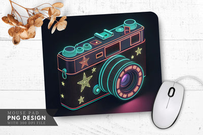 Neon Vintage Camera with Star Accents and Shutter Lines Mouse Pad Design Sublimation Regulrcrative 