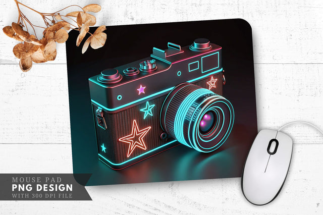 Neon Vintage Camera with Star Accents and Shutter Lines Mouse Pad Design Sublimation Regulrcrative 