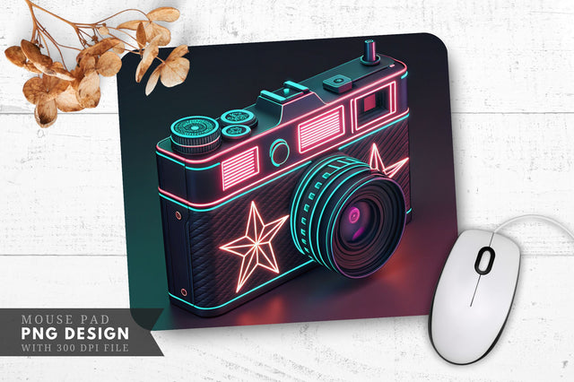 Neon Vintage Camera with Star Accents and Shutter Lines Mouse Pad Design Sublimation Regulrcrative 