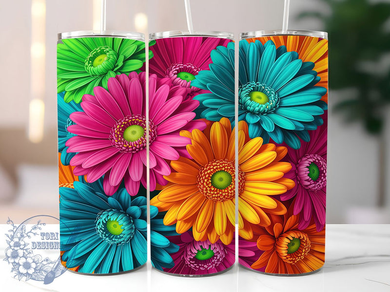 Neon Vivid Daisy Floral Tumbler, Vivid Floral Pattern, Bright Glow Design, 20Oz Sublimation Wrap, Artistic Flower Art, Colorful Bloom Texture, Tumbler Sublimation Sublimation ToriDesigns 