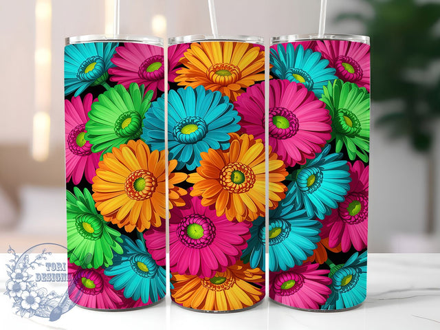 Neon Vivid Daisy Floral Tumbler, Vivid Floral Pattern, Bright Glow Design, 20Oz Sublimation Wrap, Artistic Flower Art, Colorful Bloom Texture, Tumbler Sublimation Sublimation ToriDesigns 